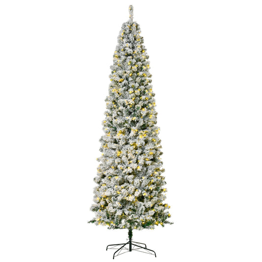 9 Feet Prelit Artificial Snow Flocked Pencil Christmas Tree, Slim Xmas Tree With Warm White LED Light, Holiday Home Xmas Decoration, Green